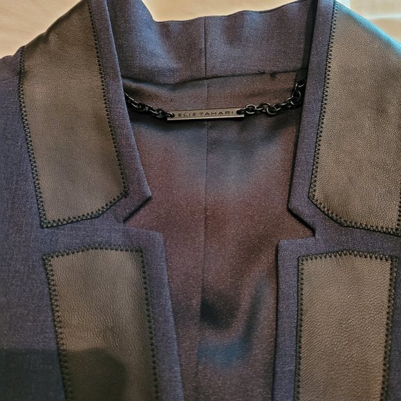 Elie Tahari Short Blazer, Navy with Leather - Picture 2 of 6